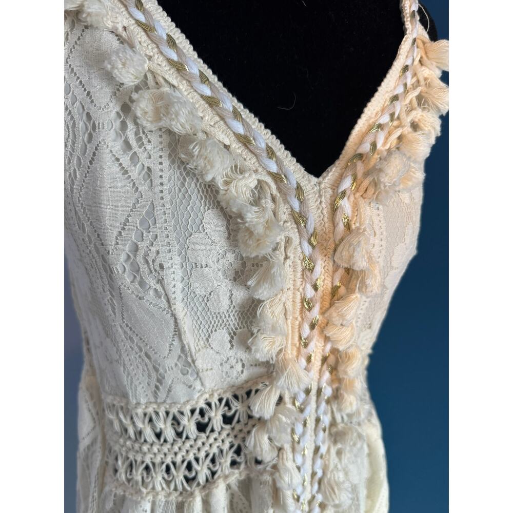 Cream Boho Lace Tassel Maxi Dress Crochet Cottagecore Dress Coquette Dress - Picture 5 of 13